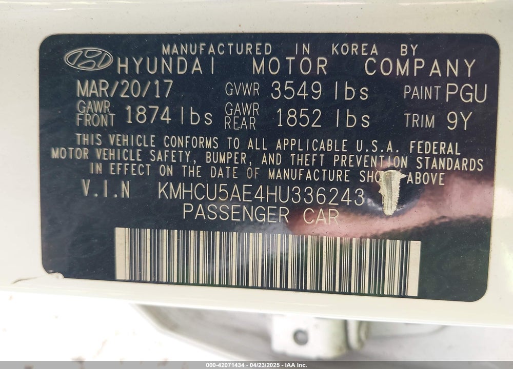 2017 HYUNDAI ACCENT VIN: KMHCU5AE4HU336243