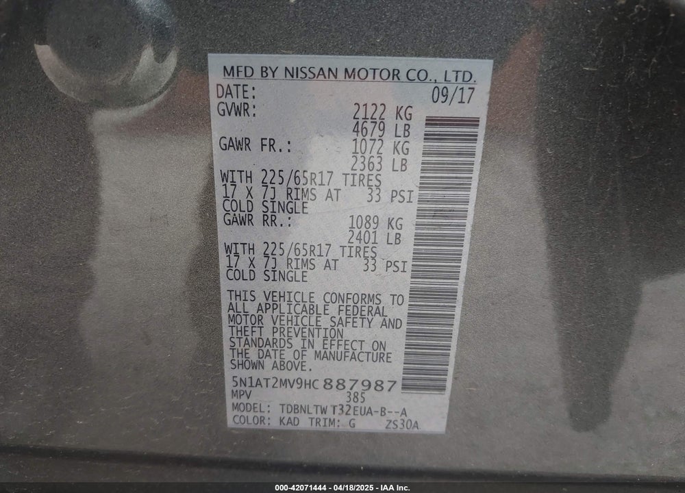 2017 NISSAN ROGUE VIN: 5N1AT2MV9HC887987