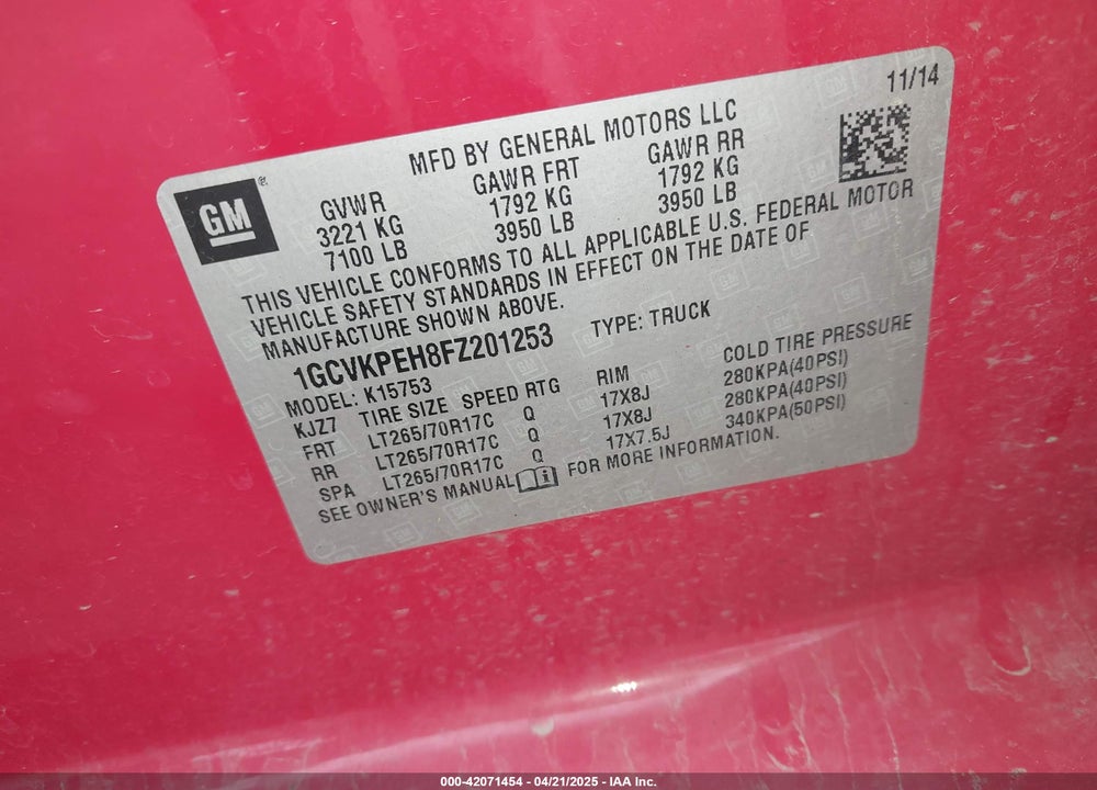 2015 CHEVROLET SILVERADO 1500 WT VIN: 1GCVKPEH8FZ201253