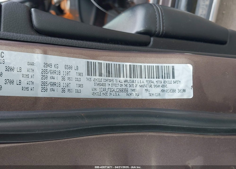 2018 JEEP GRAND CHEROKEE VIN: 1C4RJFBG4JC268356