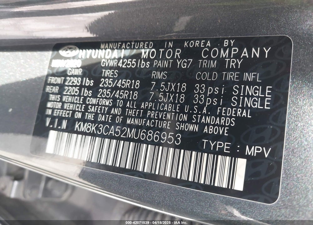 2021 HYUNDAI KONA LIMITED VIN: KM8K3CA52MU686953