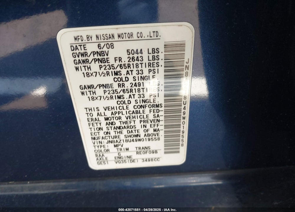 2009 NISSAN MURANO SL VIN: JN8AZ18U49W019558