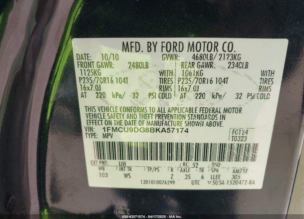 2011 FORD ESCAPE XLT VIN: 1FMCU9DG8BKA57174
