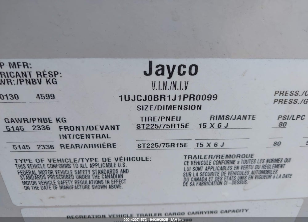 2018 JAYCO EAGLE HT VIN: 1UJCJ0BR1J1PR0099