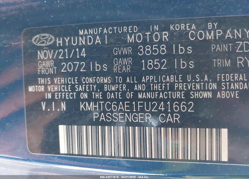 2015 HYUNDAI VELOSTER VIN: KMHTC6AE1FU241662