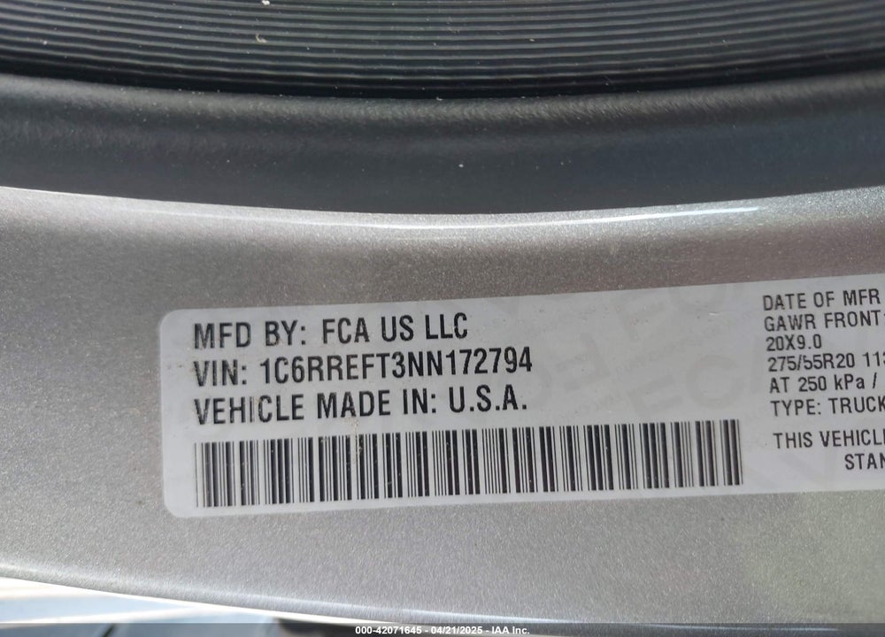 2022 RAM 1500 VIN: 1C6RREFT3NN172794