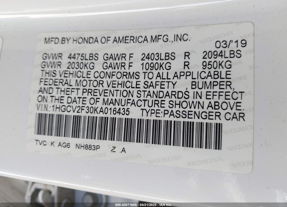 2019 HONDA ACCORD VIN: 1HGCV2F30KA016435