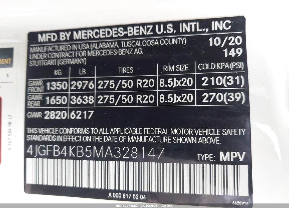 2021 MERCEDES-BENZ GLE CLASS VIN: 4JGFB4KB5MA328147