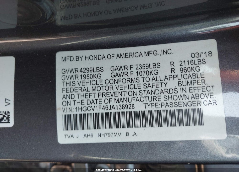 2018 HONDA ACCORD VIN: 1HGCV1F46JA138928