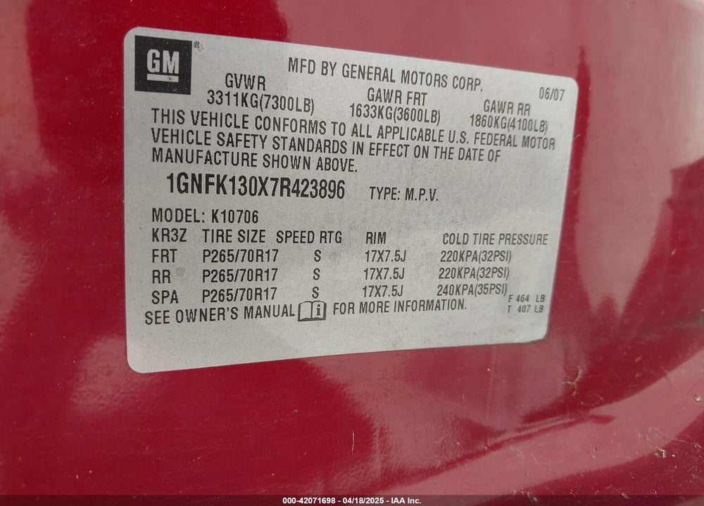 2007 CHEVROLET TAHOE LT VIN: 1GNFK130X7R423896
