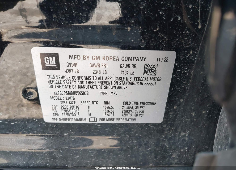 2022 CHEVROLET TRAX VIN: KL7CJPSM8NB565978