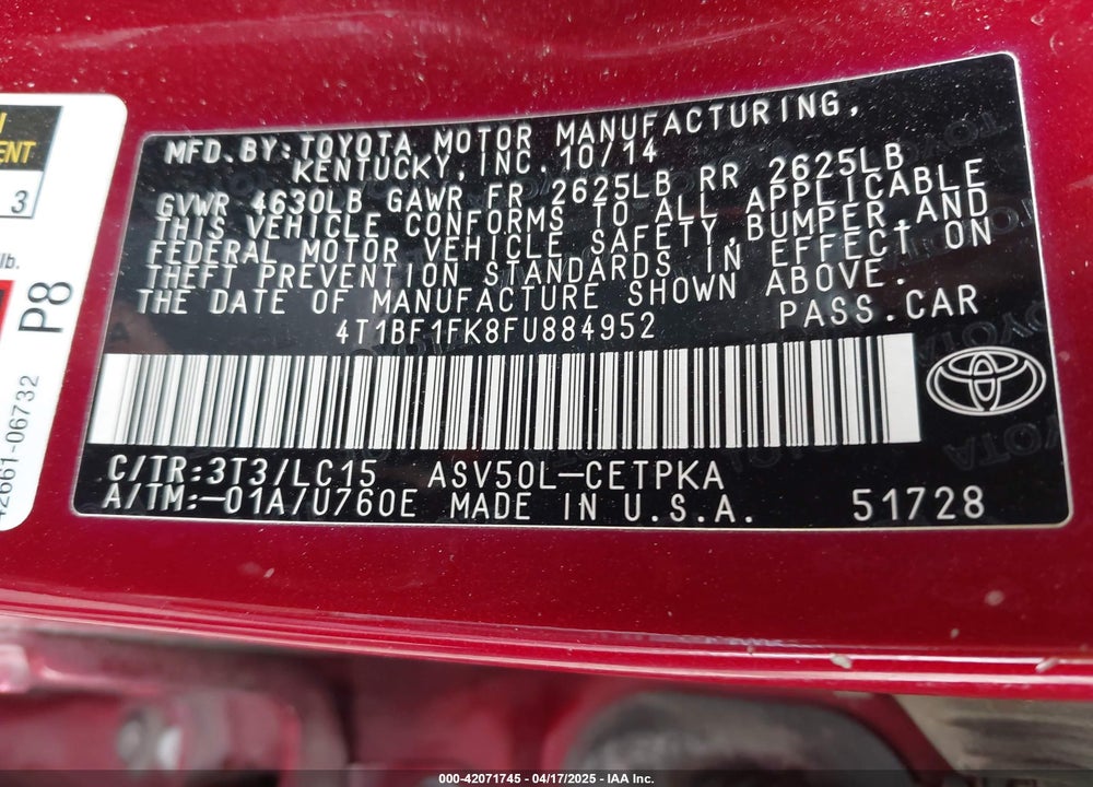 2015 TOYOTA CAMRY XSE VIN: 4T1BF1FK8FU884952