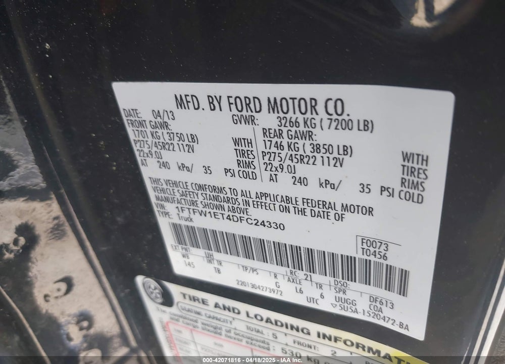 2013 FORD F150 SUPERCREW VIN: 1FTFW1ET4DFC24330