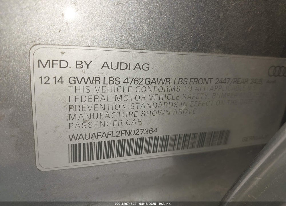 2015 AUDI A4 2.0T PREMIUM VIN: WAUAFAFL2FN027364