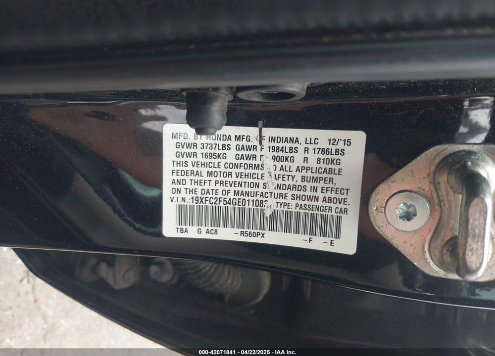 2016 HONDA CIVIC VIN: 19XFC2F54GE011083