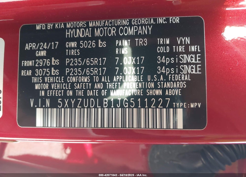 2018 HYUNDAI SANTA FE SPORT VIN: 5XYZUDLB1JG511227