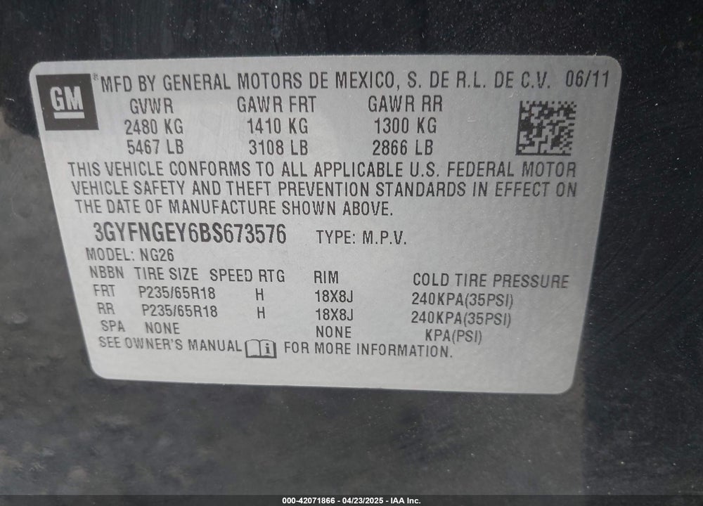 2011 CADILLAC SRX STANDARD VIN: 3GYFNGEY6BS673576