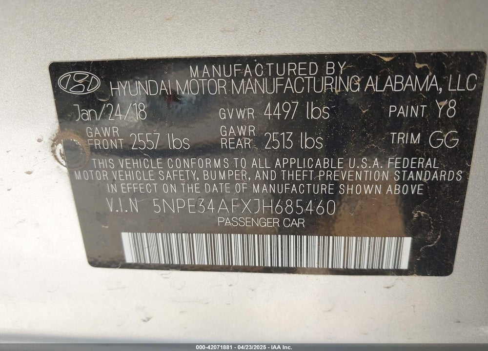 2018 HYUNDAI SONATA VIN: 5NPE34AFXJH685460