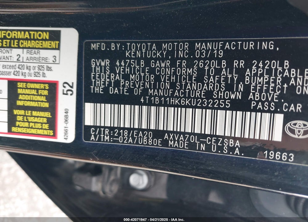 2019 TOYOTA CAMRY VIN: 4T1B11HK6KU232255
