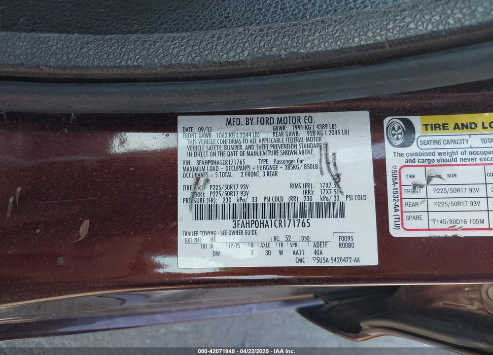 2012 FORD FUSION VIN: 3FAHP0HA1CR171765