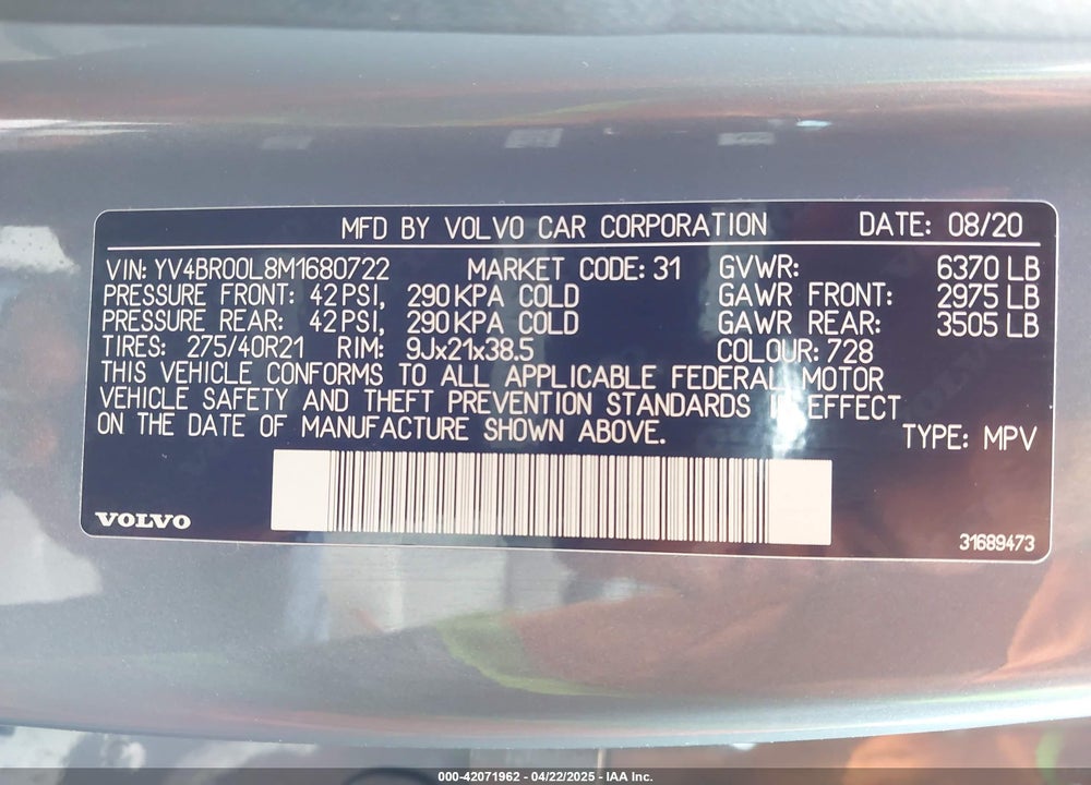 2021 VOLVO XC90 RECHARGE VIN: YV4BR00L8M1680722