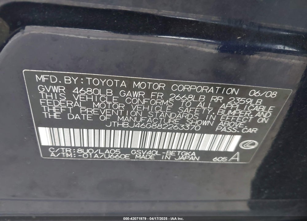 2008 LEXUS ES 350 VIN: JTHBJ46G882263370