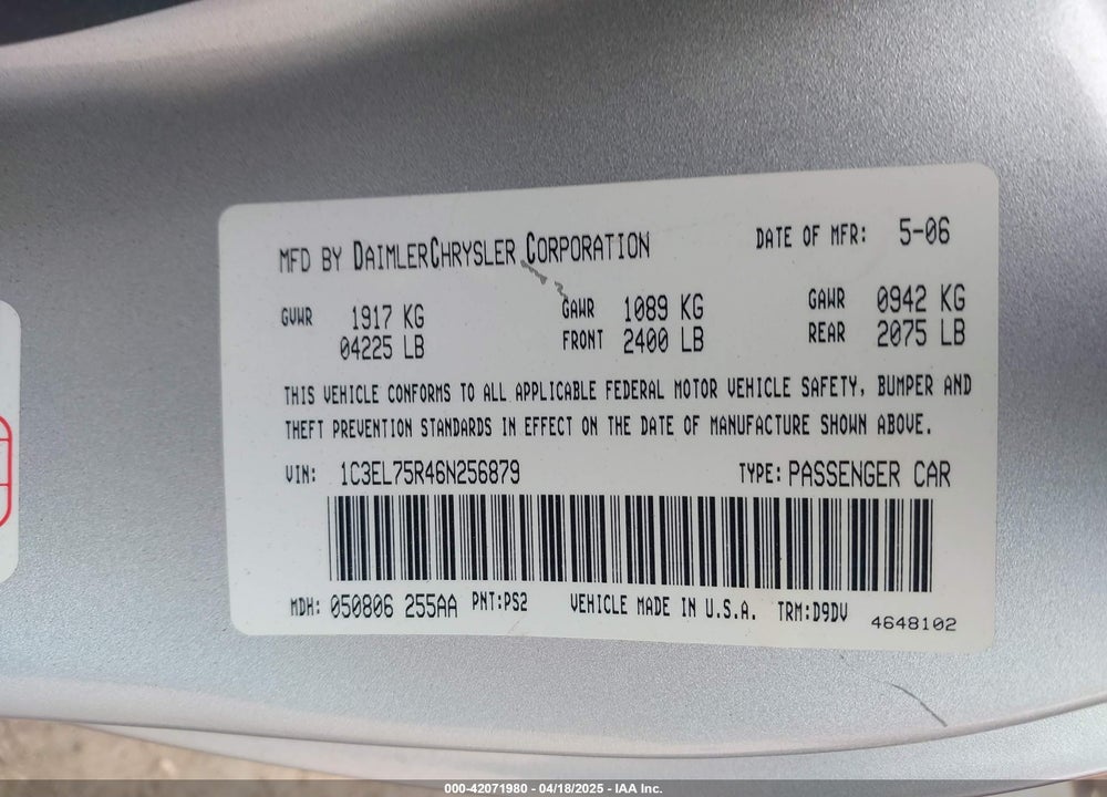 2006 CHRYSLER SEBRING VIN: 1C3EL75R46N256879