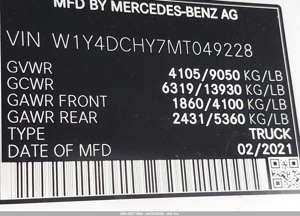 2021 MERCEDES-BENZ SPRINTER 2500 HIGH ROOF I4 DIESEL VIN: W1Y4DCHY7MT049228