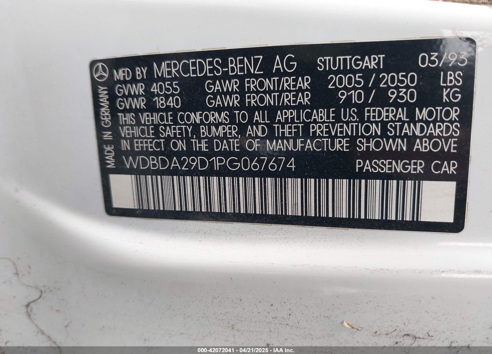 1993 MERCEDES-BENZ 190 E 2.6 VIN: WDBDA29D1PG067674