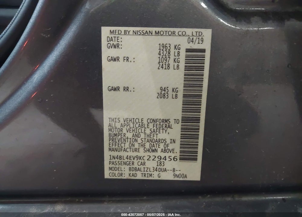 2019 NISSAN ALTIMA VIN: 1N4BL4EV9KC229456