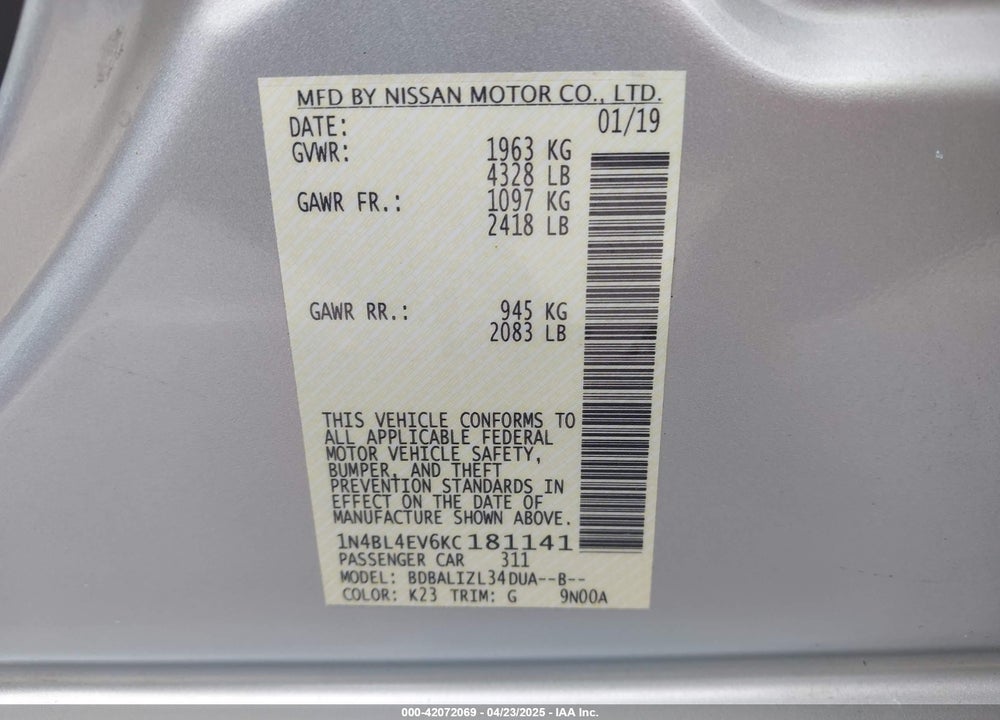 2019 NISSAN ALTIMA 2.5 SL VIN: 1N4BL4EV6KC181141