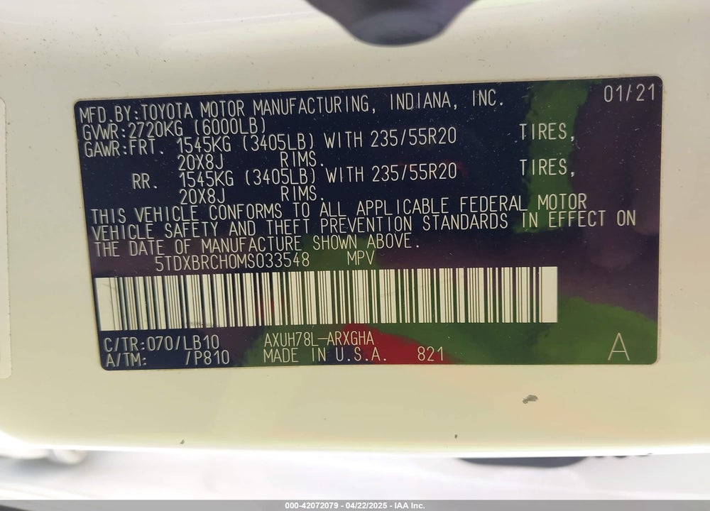2021 TOYOTA HIGHLANDER VIN: 5TDXBRCH0MS033548