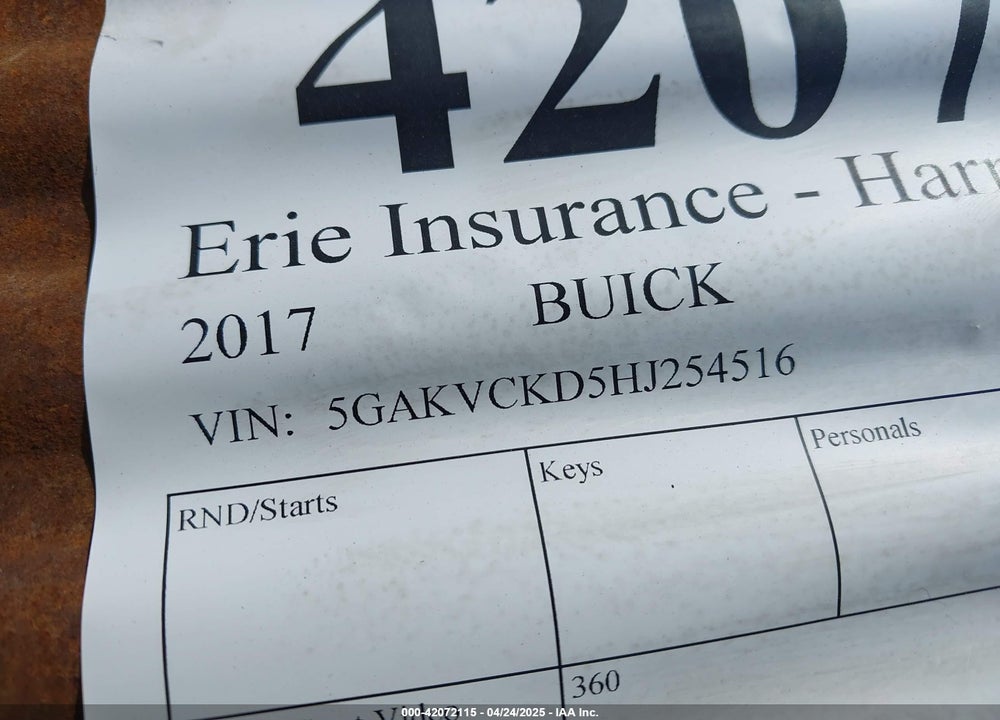 2017 BUICK ENCLAVE VIN: 5GAKVCKD5HJ254516