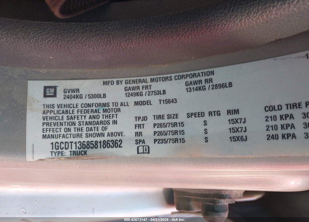 2005 CHEVROLET COLORADO 1SF LS Z71 VIN: 1GCDT136858186362