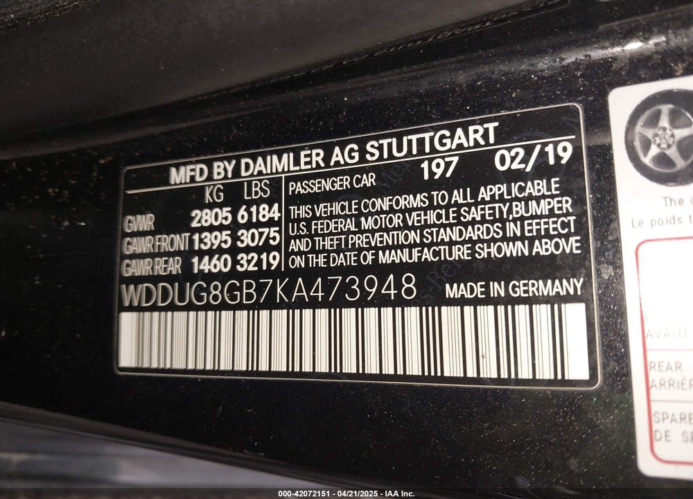 2019 MERCEDES-BENZ S 560 4MATIC VIN: WDDUG8GB7KA473948