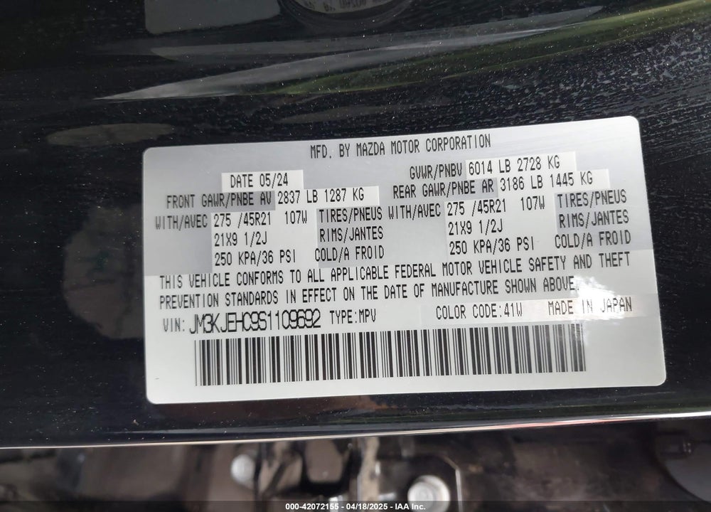 2025 MAZDA CX-70 VIN: JM3KJEHC9S1109692