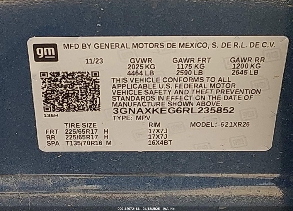 2024 CHEVROLET EQUINOX VIN: 3GNAXKEG6RL235852