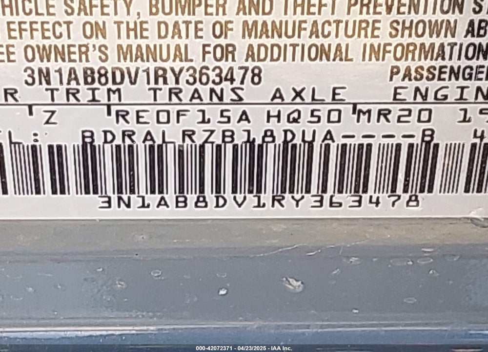 2024 NISSAN SENTRA VIN: 3N1AB8DV1RY363478