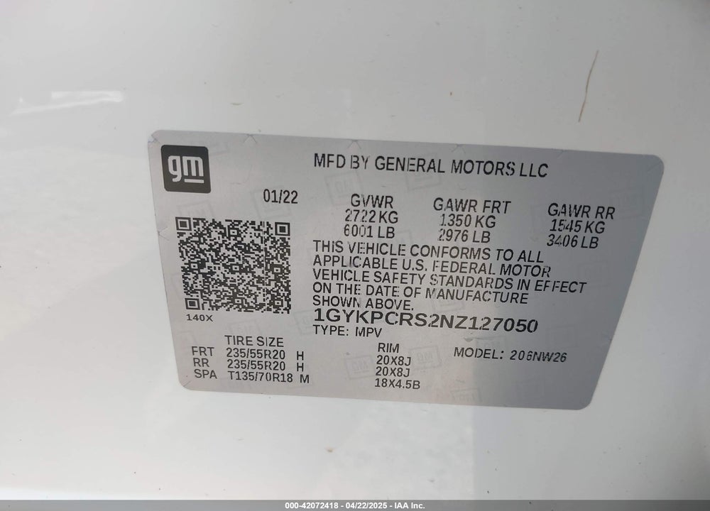2022 CADILLAC XT6 FWD PREMIUM LUXURY VIN: 1GYKPCRS2NZ127050