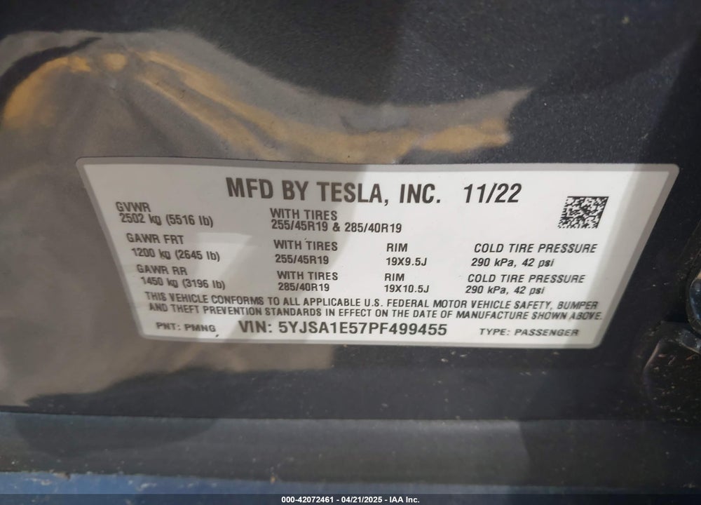 2023 TESLA MODEL S VIN: 5YJSA1E57PF499455