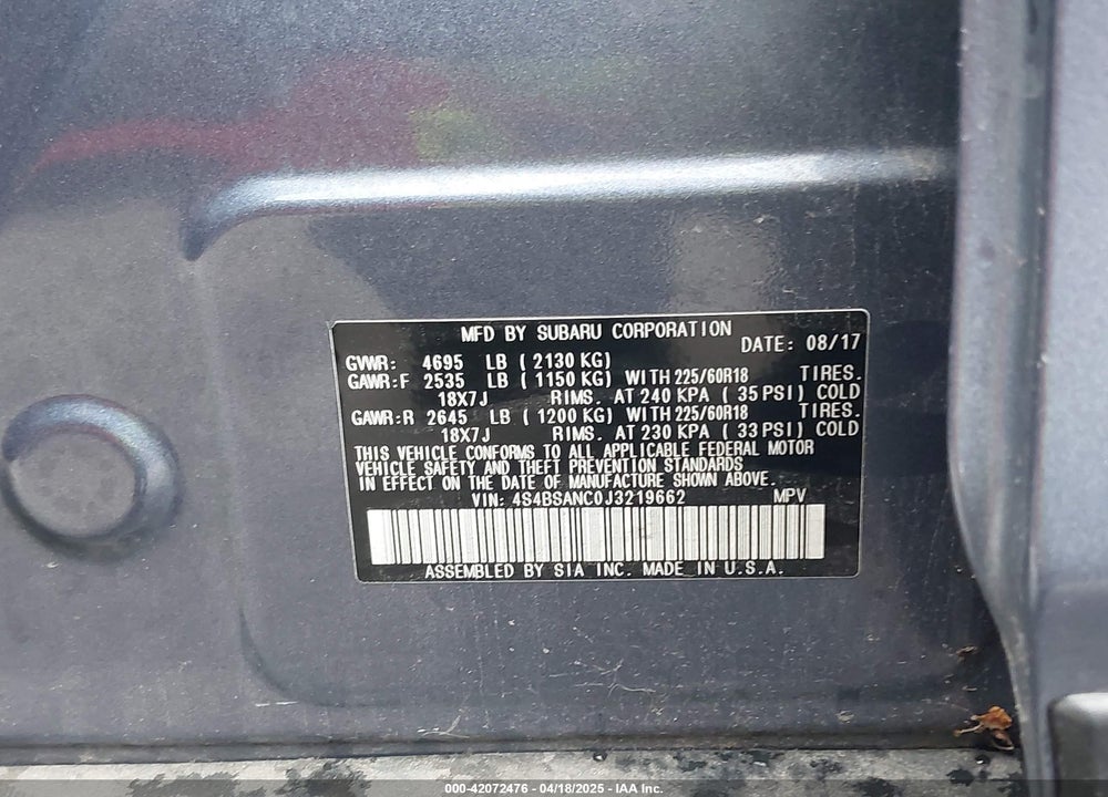 2018 SUBARU OUTBACK VIN: 4S4BSANC0J3219662