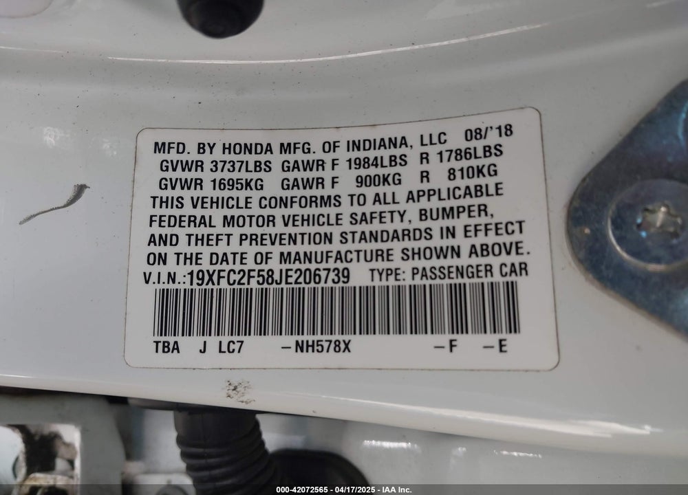 2018 HONDA CIVIC LX VIN: 19XFC2F58JE206739