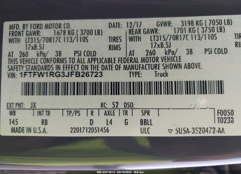2018 FORD F-150 VIN: 1FTFW1RG3JFB26723