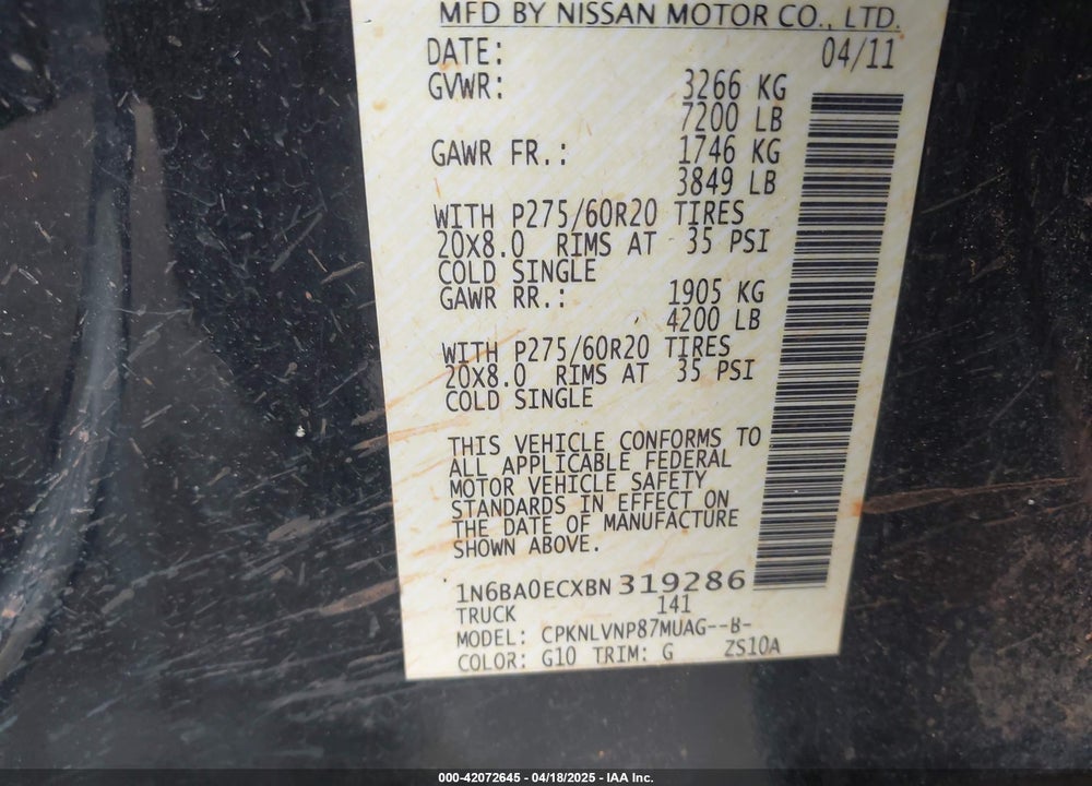 2011 NISSAN TITAN VIN: 1N6BA0ECXBN319286
