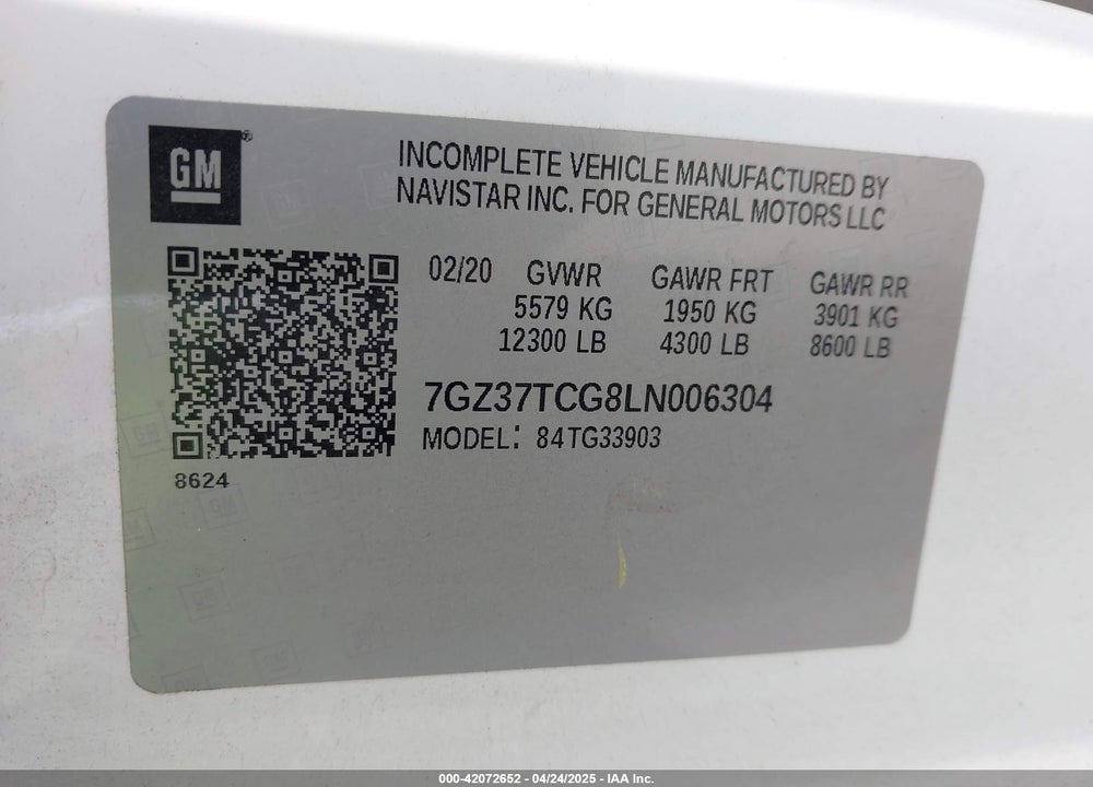 2020 GMC SAVANA CUTAWAY WORK VAN VIN: 7GZ37TCG8LN006304