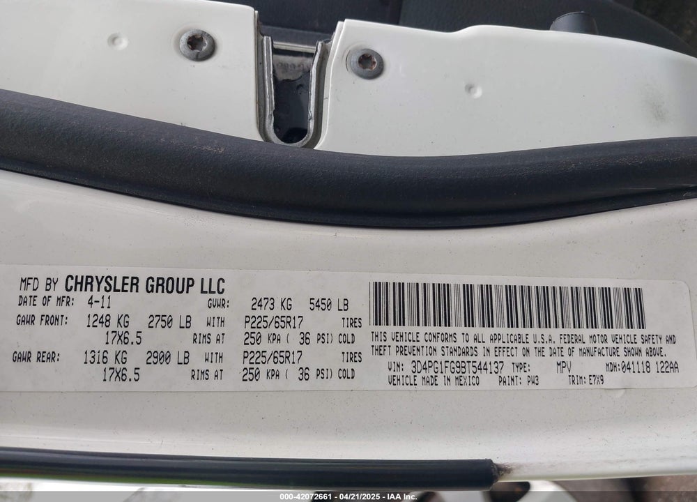 2011 DODGE JOURNEY VIN: 3D4PG1FG9BT544137