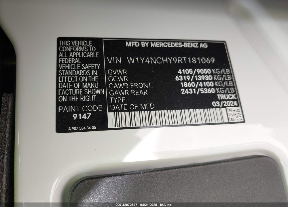 2024 MERCEDES-BENZ SPRINTER 2500 HIGH ROOF 4-CYL DIESEL HO VIN: W1Y4NCHY9RT181069