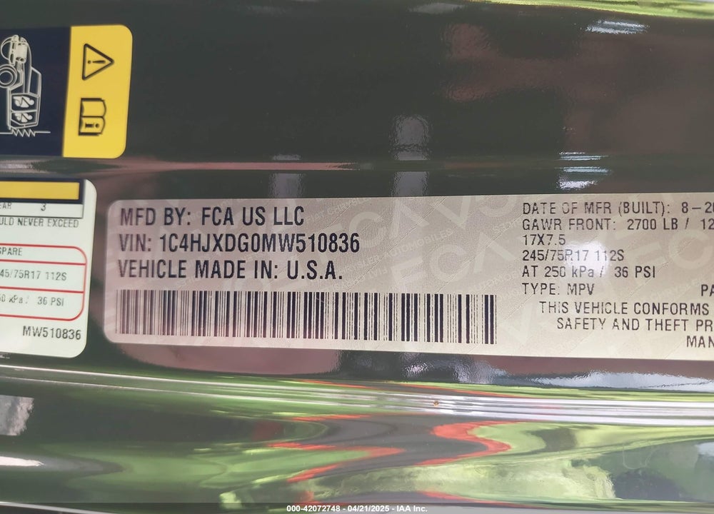 2021 JEEP WRANGLER UNLIMITED SPORT S 4X4 VIN: 1C4HJXDG0MW510836