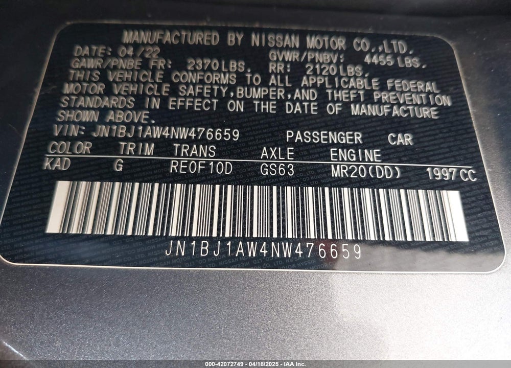 2022 NISSAN ROGUE SPORT VIN: JN1BJ1AW4NW476659