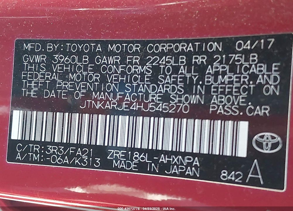 2017 TOYOTA COROLLA IM VIN: JTNKARJE4HJ545270